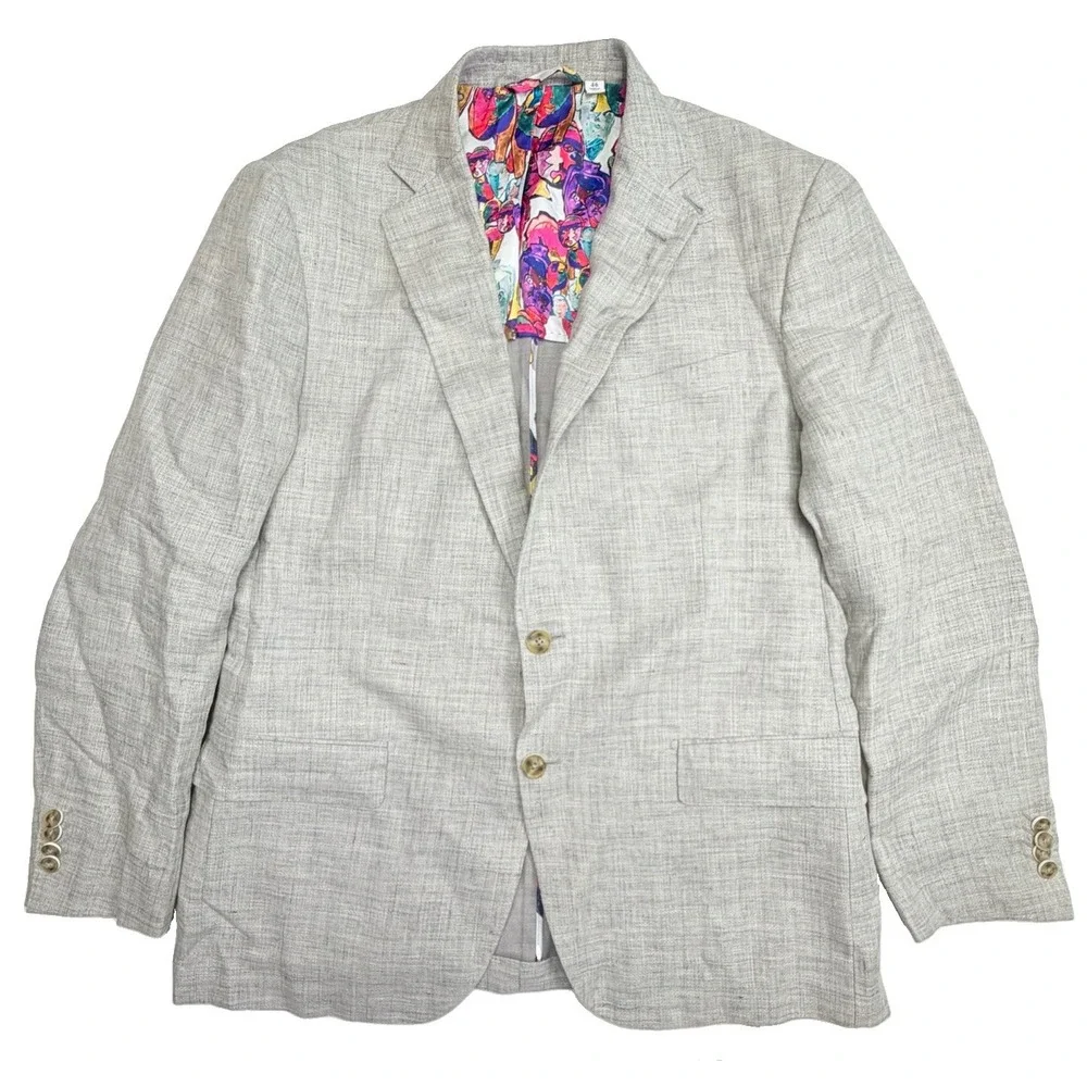 Robert Graham Men's 46 Gray Linen Cotton Blazer Pop Art Lining Sport Coat